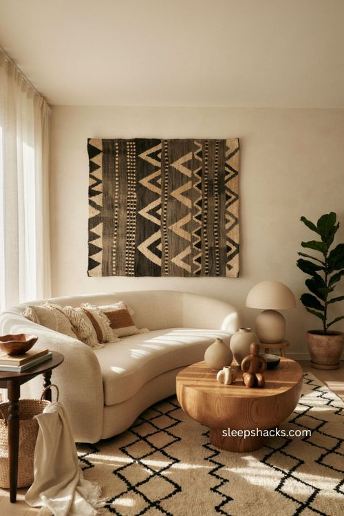 Afro boho living room with curved sofa carved wood and graphic textile decor