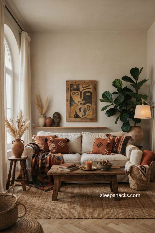 Afro boho living room with earthy colors woven textures and collected decor