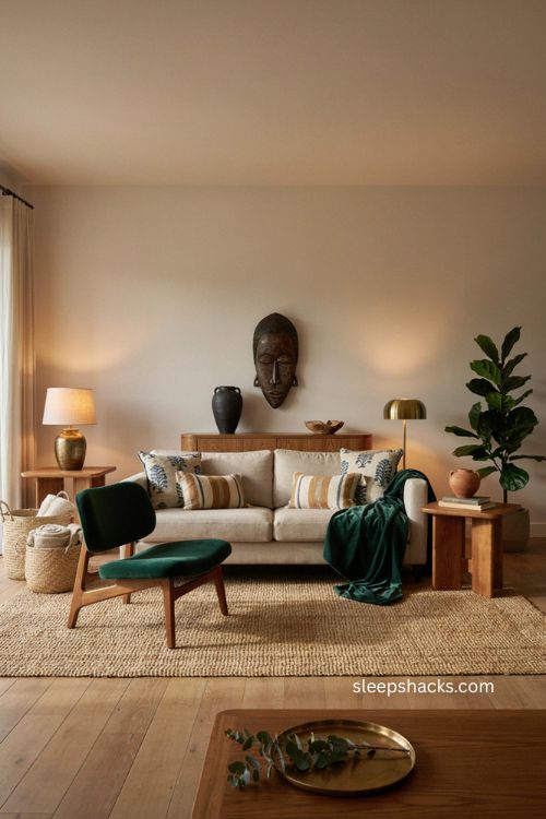 Afro boho living room with emerald jewel tones earthy wood and raffia decor