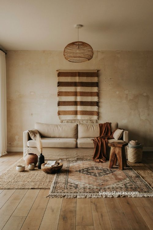 Afro boho living room with low sofa carved wood and layered natural rugs