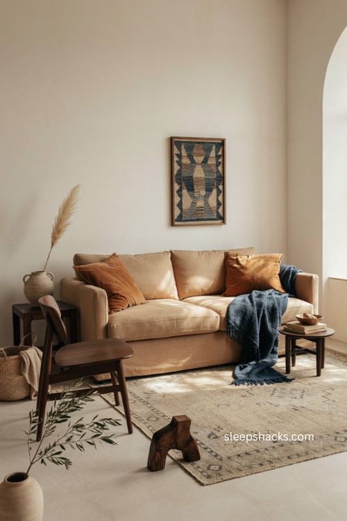 Afro boho living room with ochre indigo textiles and camel sofa