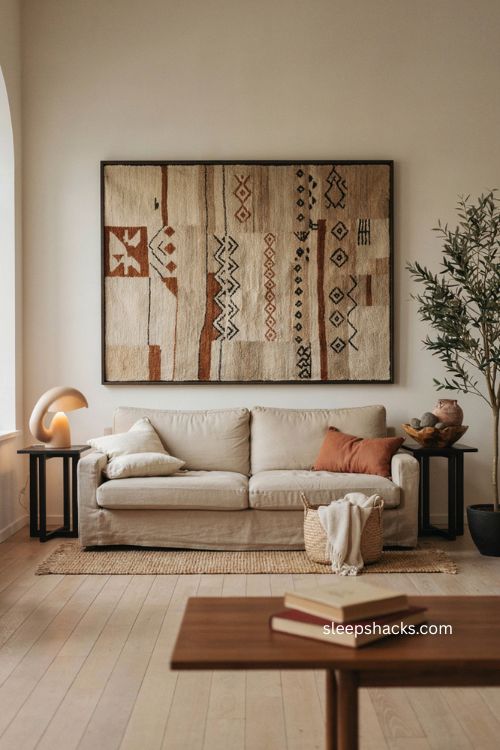 Afro boho living room with oversized textile panel oatmeal sofa and black wood