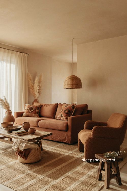 Afro boho living room with terracotta cinnamon saffron and sand tones