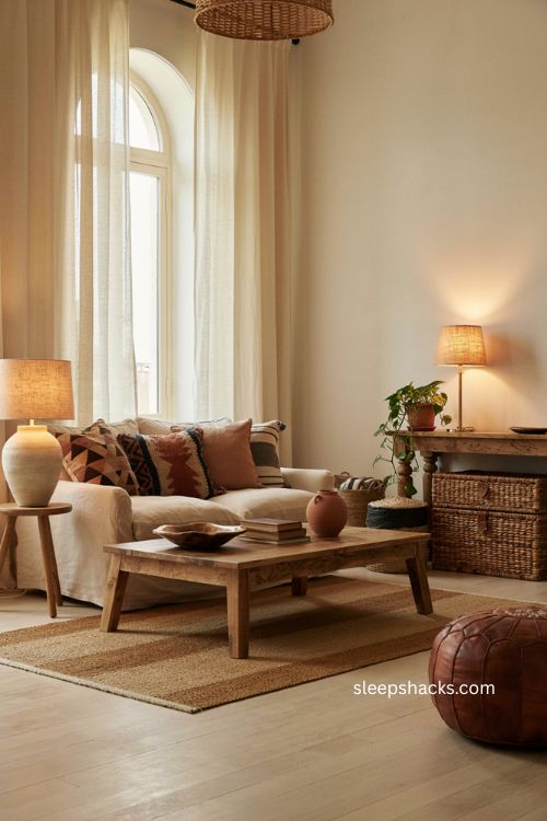 Afro boho living room with warm lighting patterned pillows and woven storage