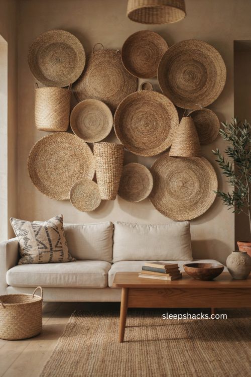 Afro boho living room with woven basket wall linen sofa and jute rug