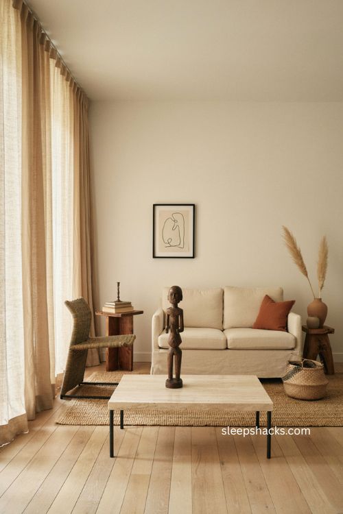 Afro modern decor mixing contemporary furniture with handmade wooden pieces 