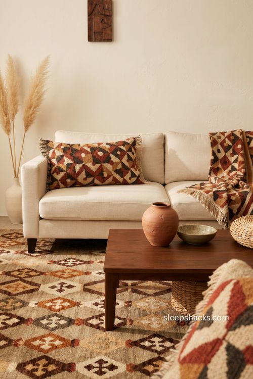 Afro modern decor with bold geometric patterned textiles and earthy colors 