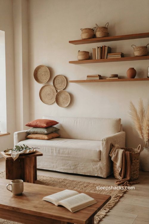 Afro modern decor with handwoven baskets and natural fiber textures 