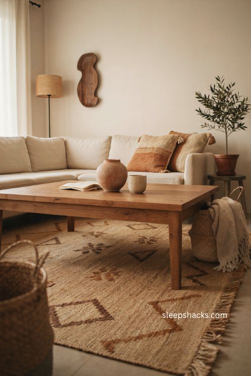 Afro modern decor with natural wood furniture and earthy textures 