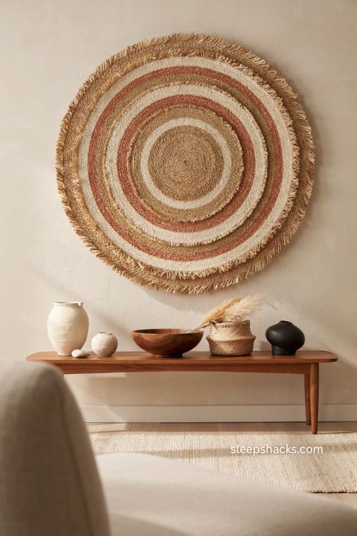Afro modern decor with raffia wall art and natural fiber textures 