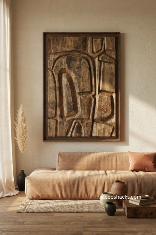 Afro modern decor with sculptural carved wood artwork and earthy textures 