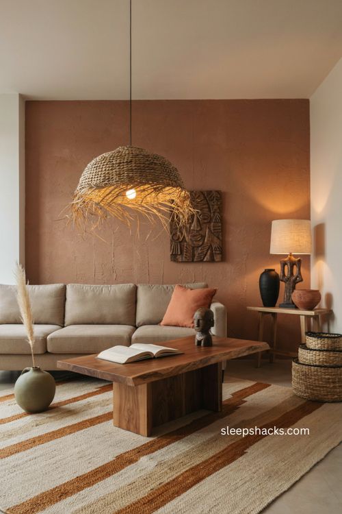 Afro modern decor with sculptural woven lighting and warm earthy textures