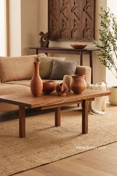 Afro modern decor with terracotta vases bowls and natural wood textures 