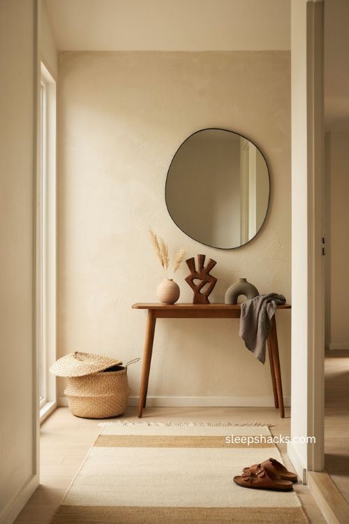 Afro modern entryway with natural wood console woven basket and artwork 