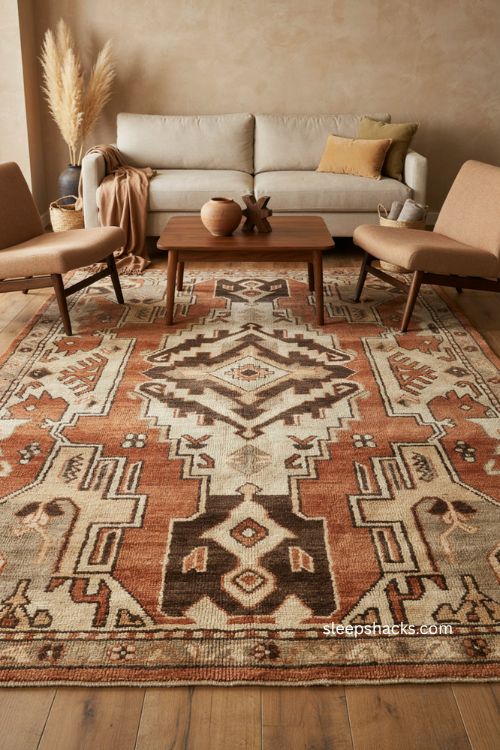 Afro modern living room with earthy statement rug and natural textures 