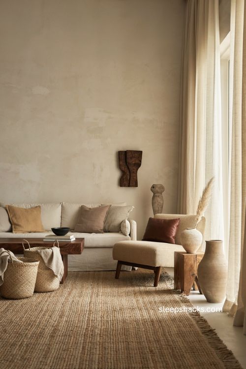 Afro modern neutral living room with woven textures and natural wood 
