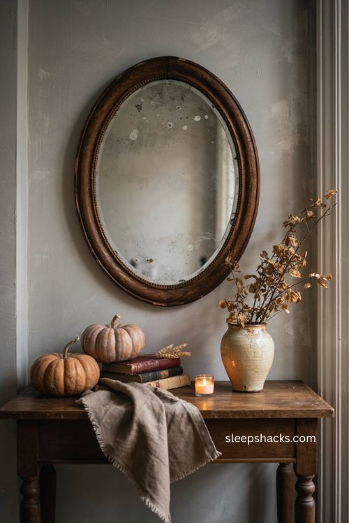 Aged foggy Halloween mirror with cloudy glass effect and vintage hallway decor