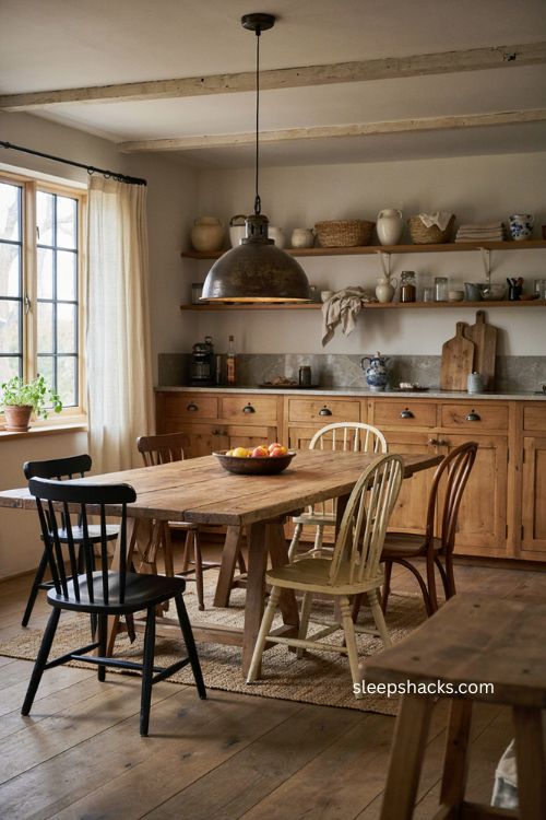 Aged metal pendant light over a farmhouse table in a cozy rustic kitchen 
