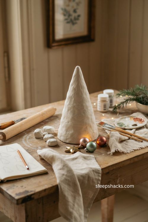 Air dry clay tabletop christmas tree with matte handmade finish and cozy holiday decor