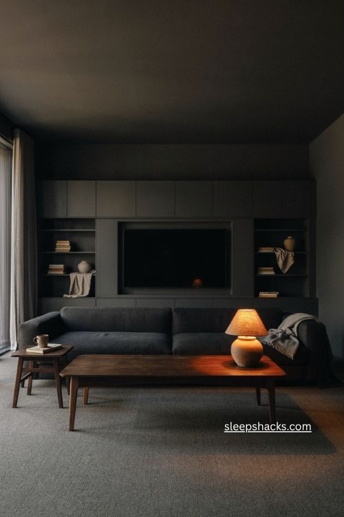 All black living room decor with matte walls ceiling soft lighting and cozy media room 