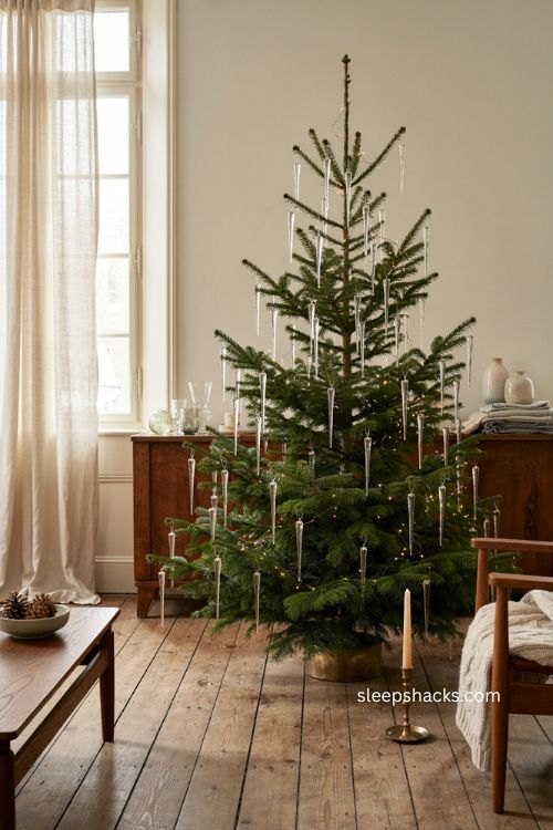 All glass hand blown icicle Christmas tree with clear hanging ornaments