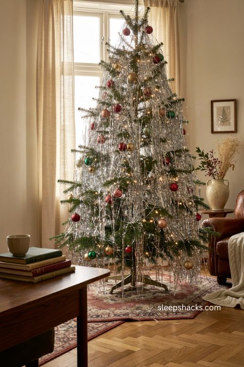 All over tinsel Christmas tree with shimmering silver strands and vintage ornaments