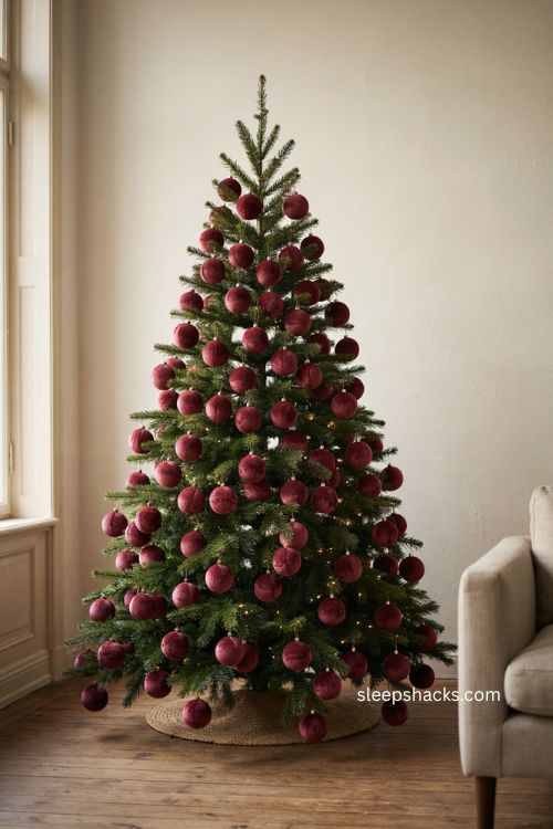 All velvet burgundy monochrome Christmas tree with plush ornaments 