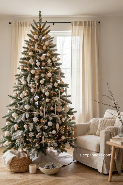All white Christmas tree with delicate gold accents and warm lights 
