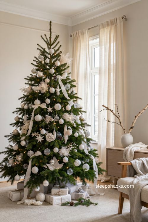 All white Christmas tree with frosted ornaments and icy blue accents 