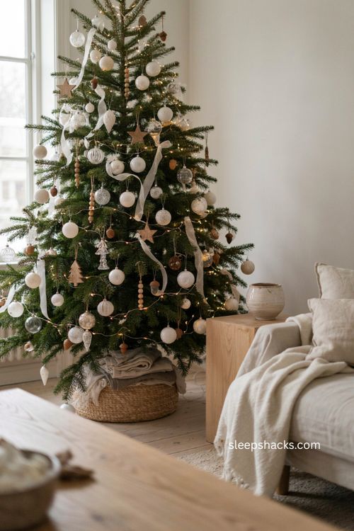 All white Christmas tree with natural wood accents and Scandinavian warmth 