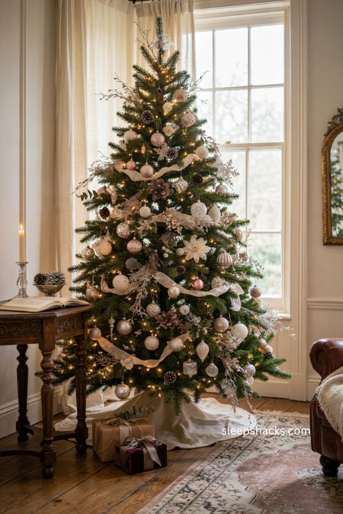 All white Christmas tree with silver rose gold and winter flowers 