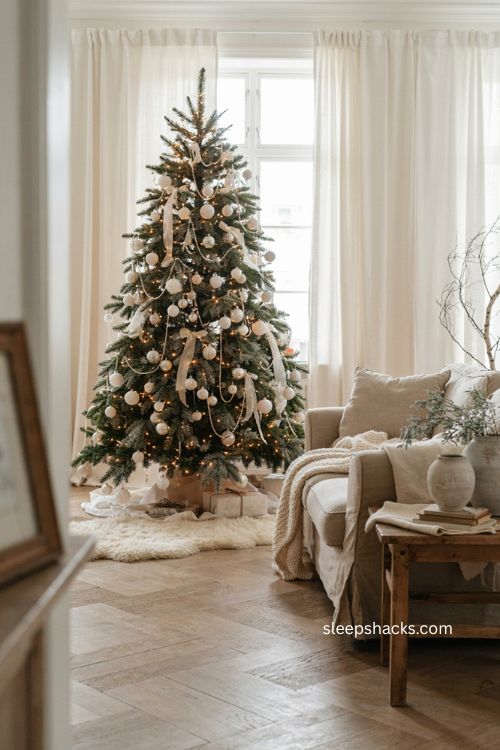 All white Christmas tree with velvet ribbon pearls and warm lights 