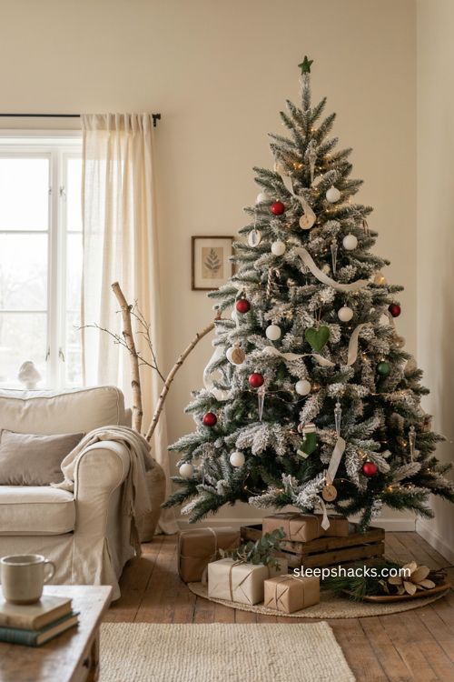 All white Grinch Christmas tree with red and green accents 