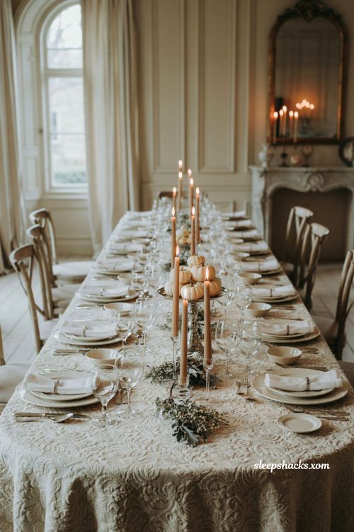 All white elegant Thanksgiving table setting with white pumpkins silver accents and candlelight