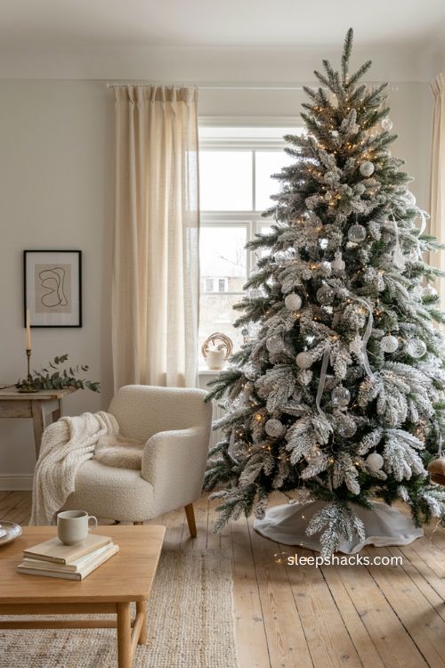 All white winter christmas tree with crystal ornaments silver ribbon warm lights and snowy scandinavian decor 