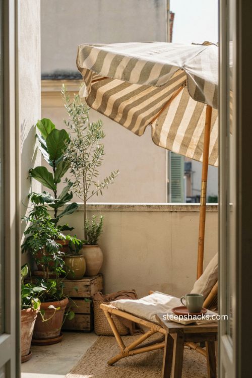 Angled patio umbrella for shade and balcony privacy 