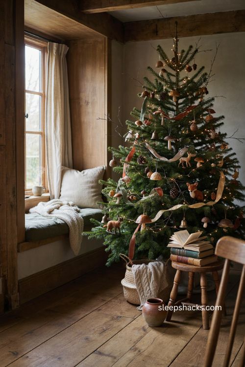 Anthropologie Christmas tree with woodland mushroom ornaments and cozy cottage decor