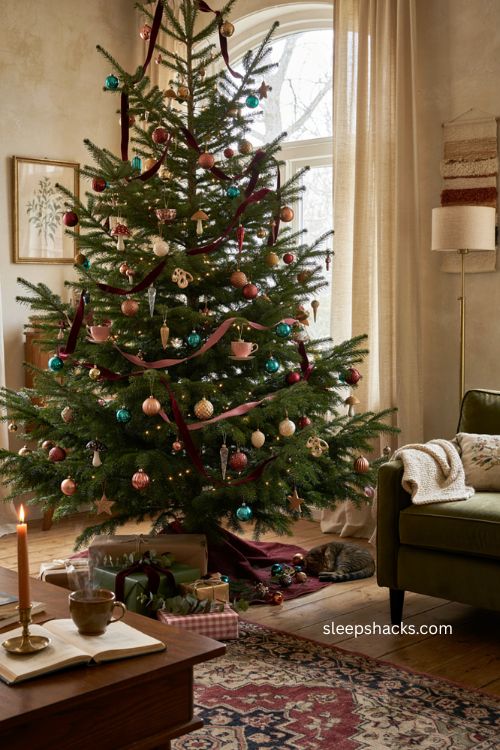 Anthropologie christmas tree with velvet ribbon jewel tone ornaments and whimsical collected decor 