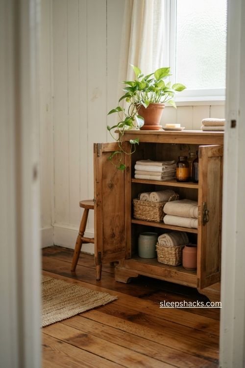 Antique cabinet bathroom storage with vintage furniture towels and woven baskets 