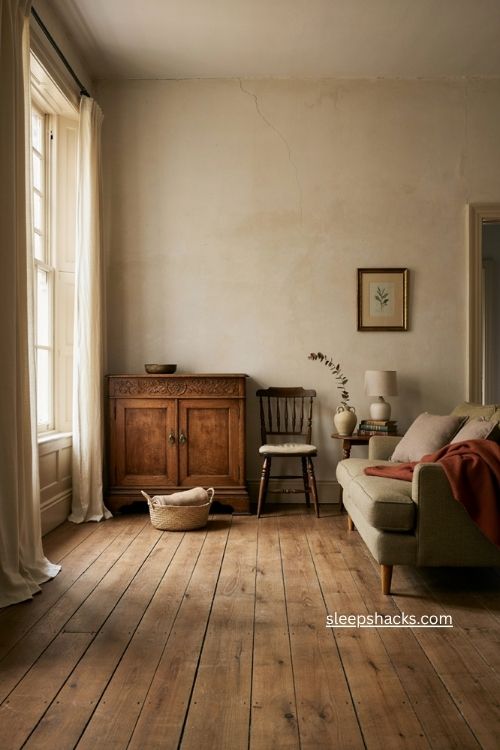 Antique furniture mixed with modern pieces in a warm vintage living room 