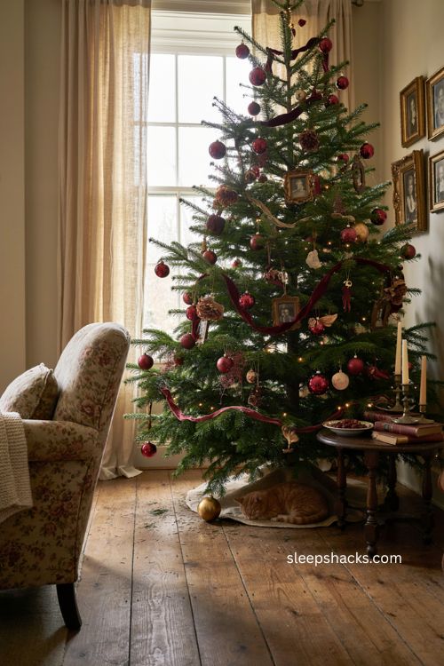 Antique gold and vintage burgundy Christmas tree with heirloom ornaments 