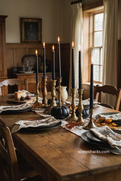 Antique gold candlesticks with black taper candles on a Thanksgiving table 