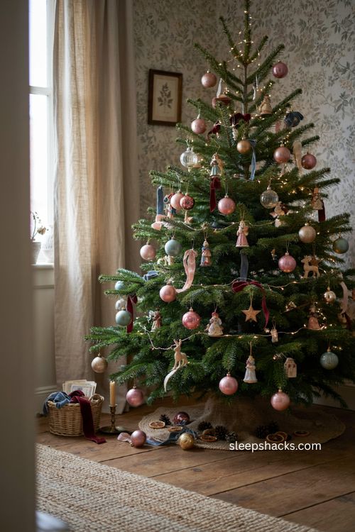 Antique-inspired vintage Christmas ornaments with faded colors and distressed finishes 