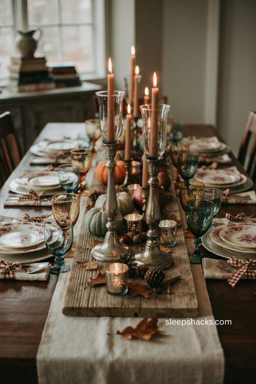 Antique silver candlesticks with smoky glass bobeches for thanksgiving table 