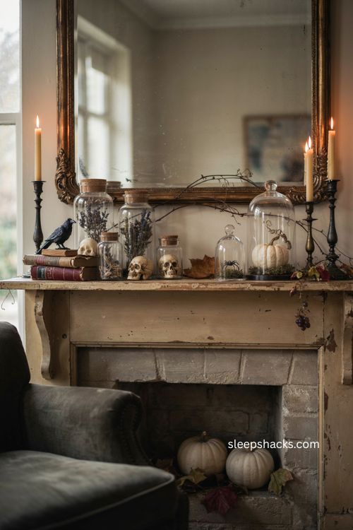 Apothecary jar mantle decor ideas with skulls herbs and spiders for Halloween 