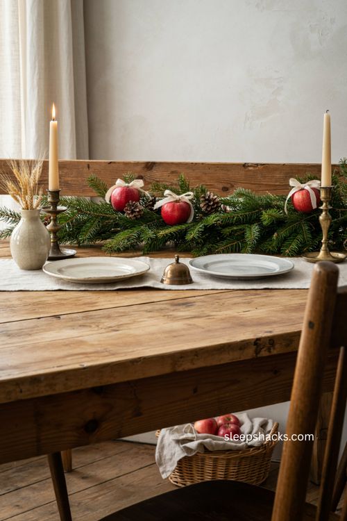 Apple garland Christmas decor with fresh pine and farmhouse mantel styling