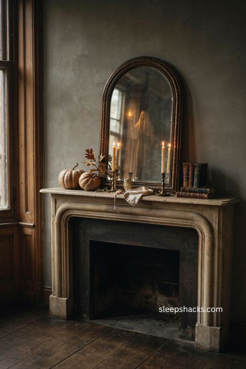 Arched vintage ghost mirror with amber glow and taper candles on a cozy Halloween mantel