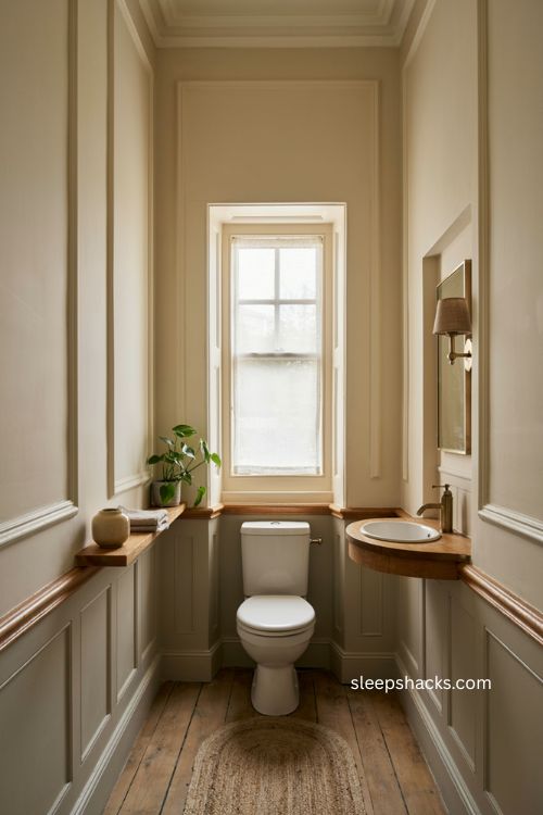 Architectural wall trim ideas for a small toilet room with wainscoting 