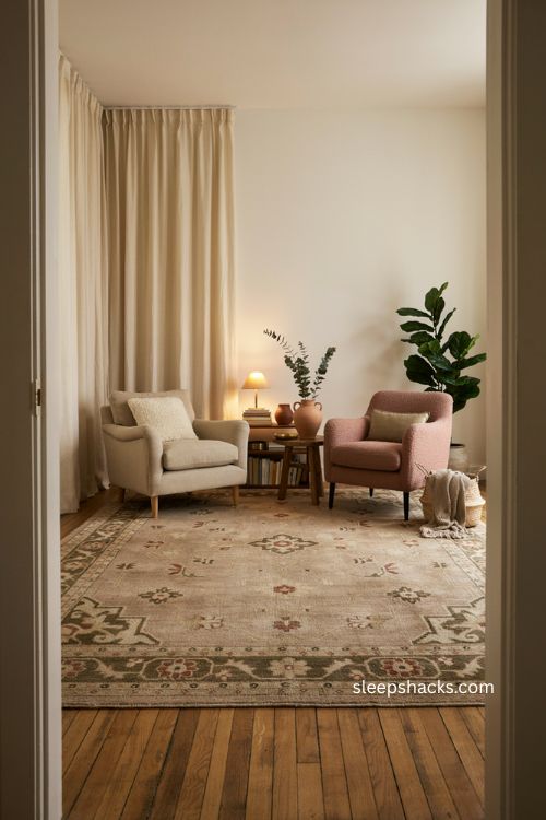 Area rug anchoring a cozy therapy office seating area with warm chairs and natural textures 