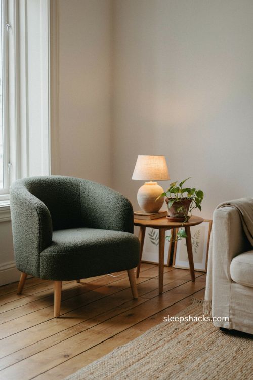 Armchair angled into corner with reading nook in a small living room 